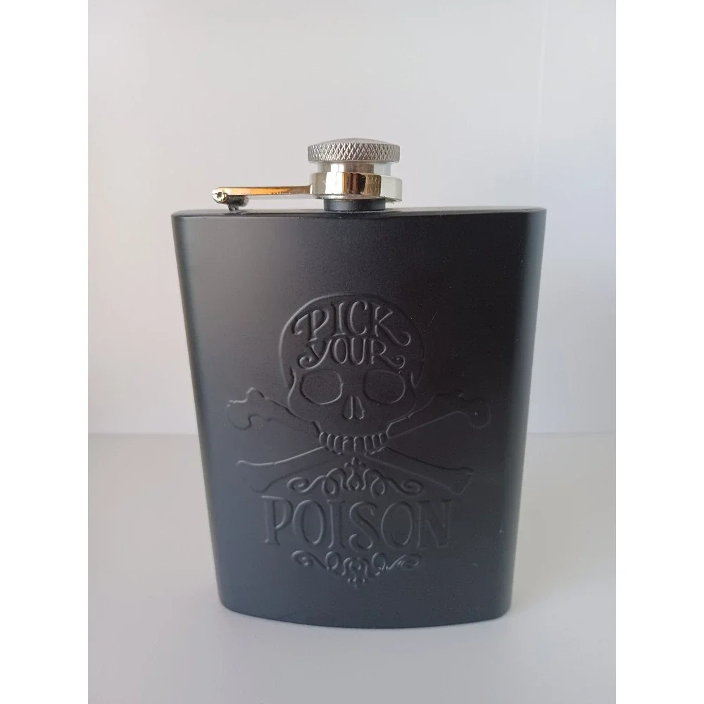 Pick Your Poison Halloween Black Skull Flask Drinkware